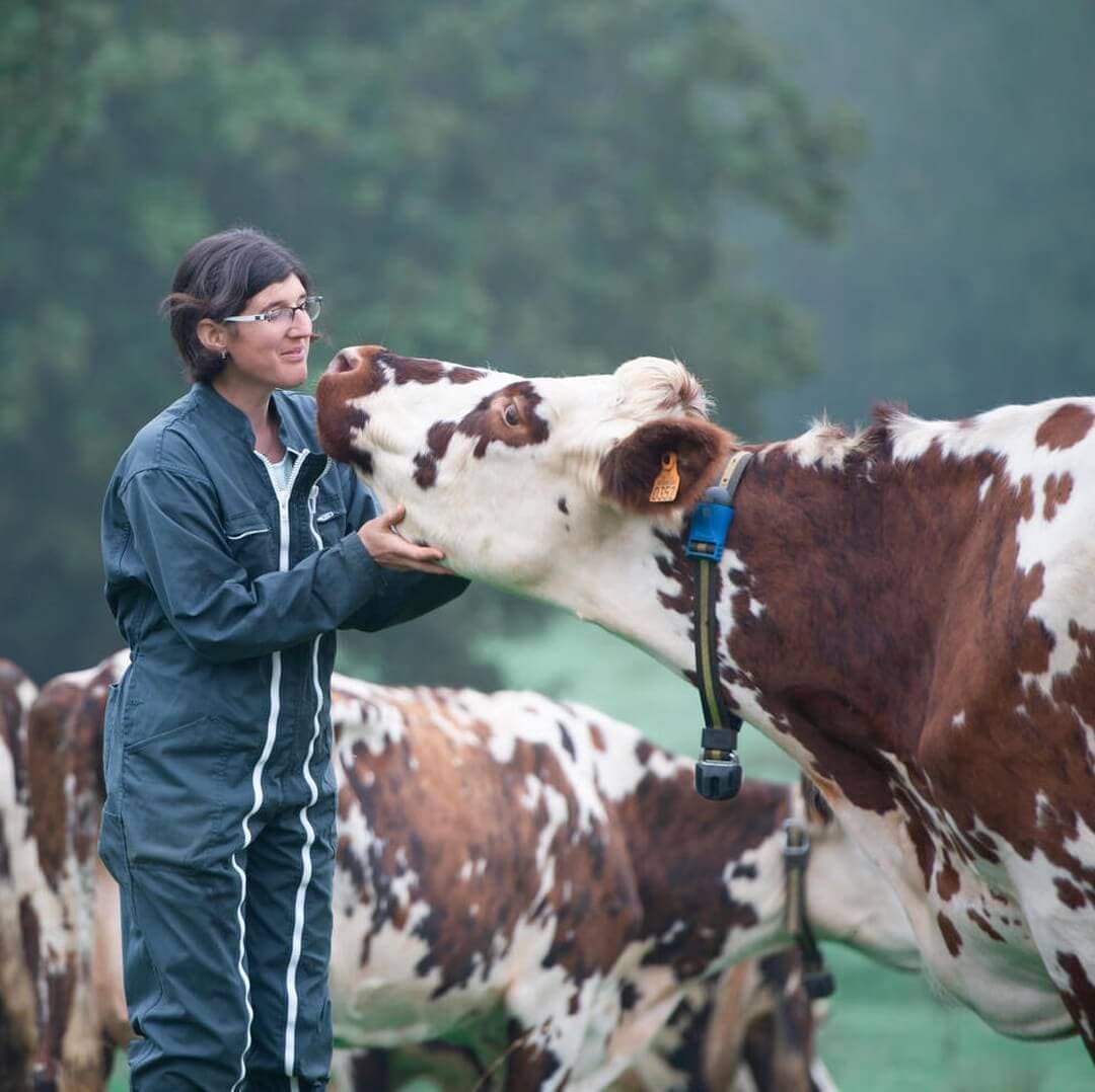 Nathalie Néel, ramadera de Normandia, abraçant una vaca